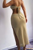 Khaki Sexy Solid Hollowed Out Split Joint Chains Slit Sling Dress Dresses