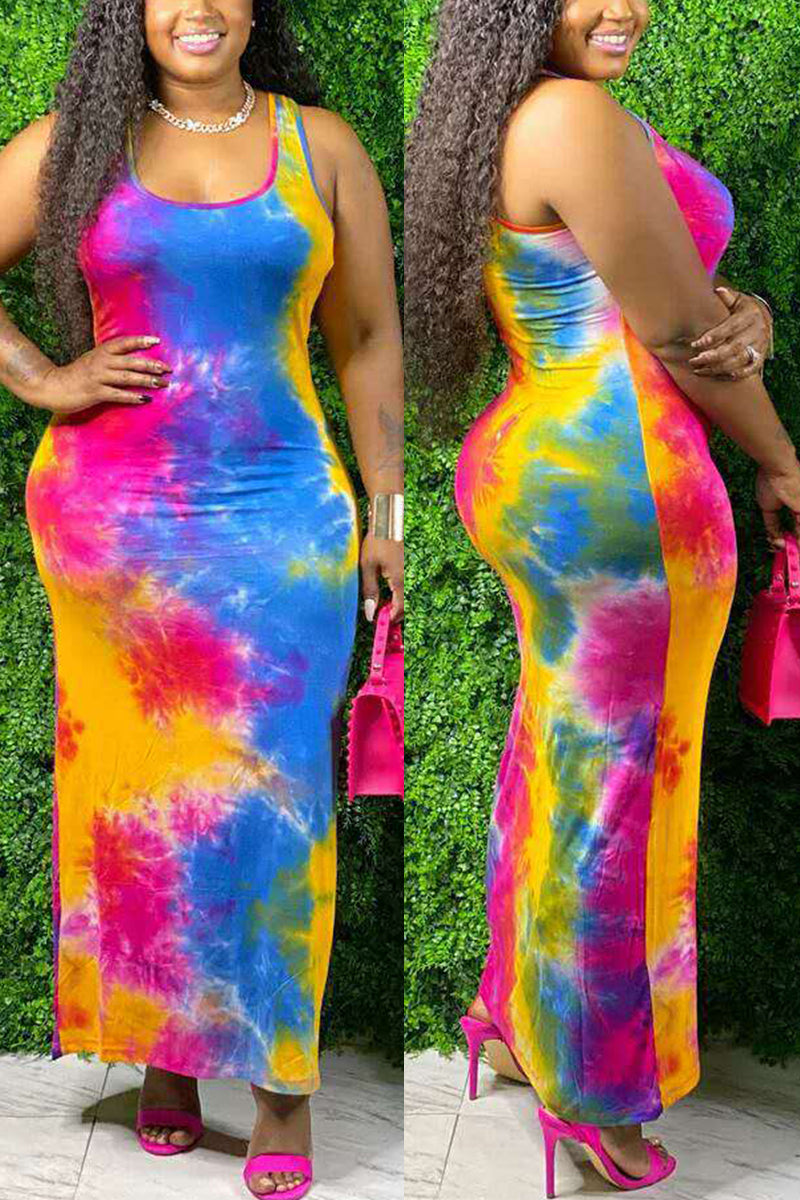 Colorful Fashion Sexy U Neck Sleeveless Spaghetti Strap Print Vest Dress Plus Size