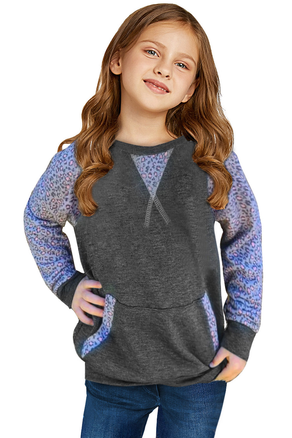 Leopard Raglan Sleeve Patchwork Little Girl Sweatshirt