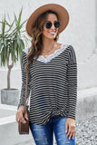 striped lace neckline long sleeve top