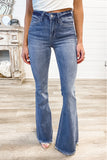 Medium Washed High Waist Flare Jeans with Raw Edges