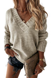 Khaki V neck Drop Shoulder Knitted Sweater