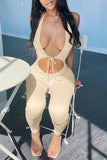 Apricot Sexy Casual Solid Bandage Hollowed Out Backless Halter Skinny Jumpsuits
