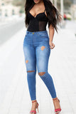 Medium Blue Fashion Casual Solid Ripped High Waist Skinny Jeans