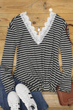 Striped Lace V Neck Long Sleeve Top