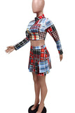 Multicolor Casual Plaid Print Split Joint Zipper Collar Long Sleeve Two Pieces