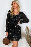 Shimmer Ruffle V Neck Stars Print Long Sleeve Casual Short Dress