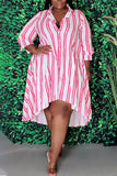 Pink Casual Striped Print Split Joint Buckle Turndown Collar Shirt Dress Plus Size Dresses