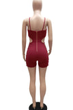Burgundy Sexy Solid Hollowed Out Split Joint Chains Zipper Spaghetti Strap Skinny Jumpsuits