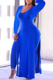 Blue Fashion Casual Solid Slit O Neck Plus Size Two Pieces