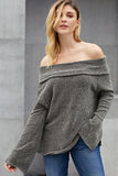Grey Soft Velvet Knit Off Shoulder Sweater