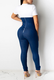 Blue Casual Solid Split Joint O Neck Skinny Jumpsuits