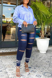 Medium Blue Fashion Casual Solid Ripped High Waist Regular Jeans