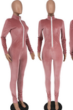 Pink Casual Solid Split Joint Zipper Collar Skinny Jumpsuits