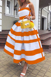 Tangerine Elegant Striped Print Split Joint U Neck A Line Dresses