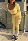 Yellow Fashion Casual Solid Bandage O Neck Long Sleeve Two Pieces