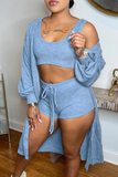 Blue Casual Solid Split Joint Long Sleeve Three Pieces