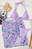 Violet Halter Triangle Bikini with Drawstring Print Skirt