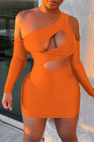 Orange Fashion Sexy Solid Hollowed Out Backless One Shoulder Long Sleeve Dresses