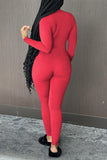 Rose Red Casual Solid Split Joint Zipper Collar Skinny Jumpsuits