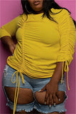 Yellow Fashion Casual Solid Draw String O Neck Plus Size Tops