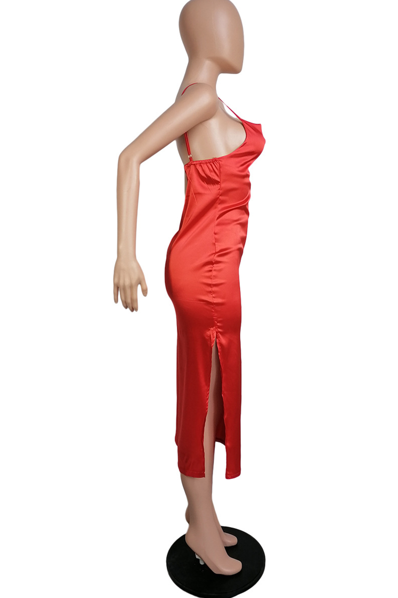 Red Sexy Solid High Opening Spaghetti Strap Pencil Skirt Dresses