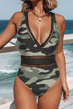 Camouflage Pattern Lattice Plunge One-piece Swimsuit