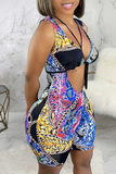 Multicolor Sexy Print Hollowed Out Halter Skinny Jumpsuits