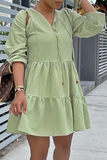 Green Casual Solid Flounce V Neck Cake Skirt Dresses