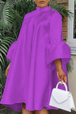 Purple Casual Solid Flounce O Neck Cake Skirt Dresses