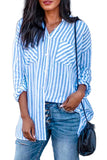 Stripe Linen Dropped Sleeve Button Down Blouse with Pocket