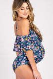 Floral Ruffle Trim Ruched One-Piece Maternity Swimsuit