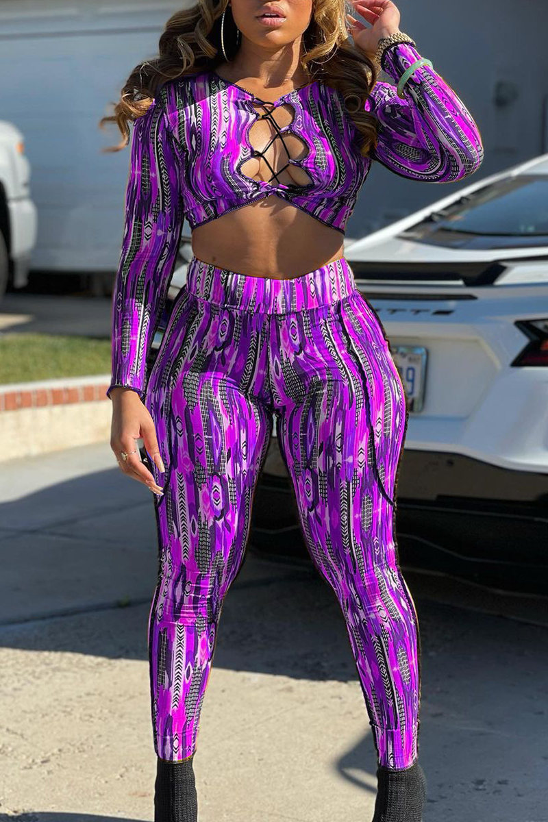 Purple Sexy Print Hollowed Out O Neck Long Sleeve Two Pieces