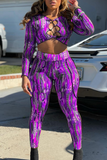 Purple Sexy Print Hollowed Out O Neck Long Sleeve Two Pieces