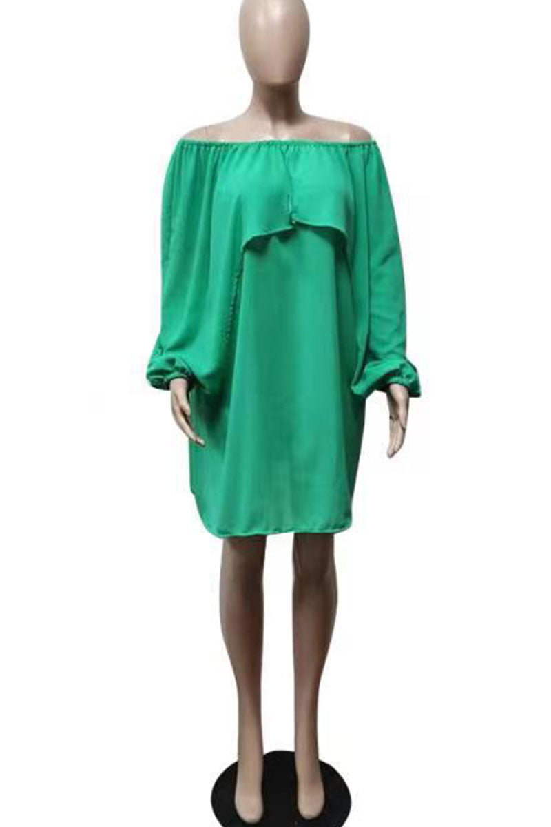 Green Casual Solid Split Joint Fold Asymmetrical Off the Shoulder Straight Dresses