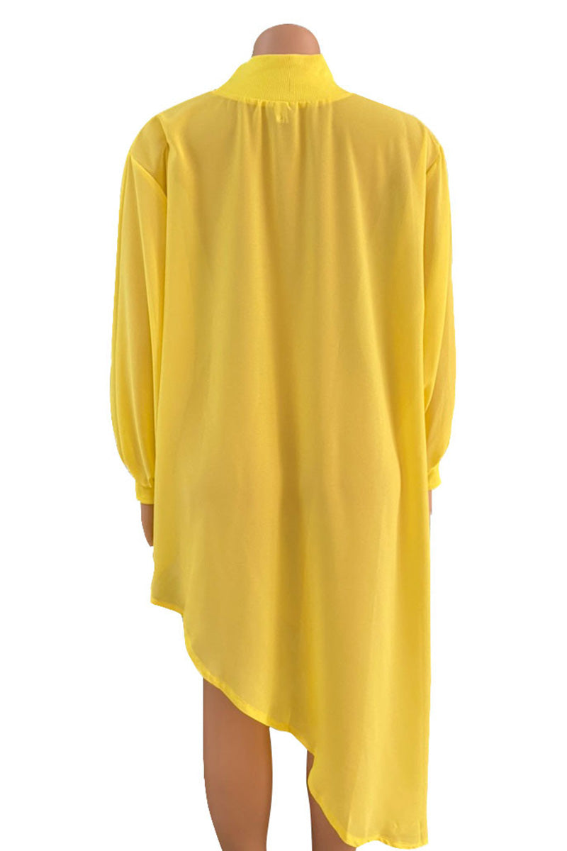 Yellow Sexy Casual Solid See-through Asymmetrical Half A Turtleneck Tops  (Without Belt)