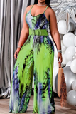 Fluorescent Yellow Casual Print Split Joint Spaghetti Strap Plus Size Jumpsuits(Without Belt)
