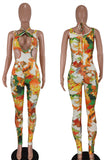 Yellow Fashion Sexy Print Hollowed Out Skinny Jumpsuits