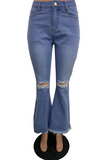 Blue Casual Solid Ripped Mid Waist Boot Cut Denim Jeans