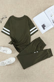 Army Green Striped Accent Short Sleeve and Joggers Set