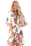 Floral Print V Neck Wrap Dress with Ruffle Sleeves