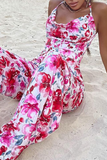 Pink Sexy Print Split Joint Halter Straight Jumpsuits