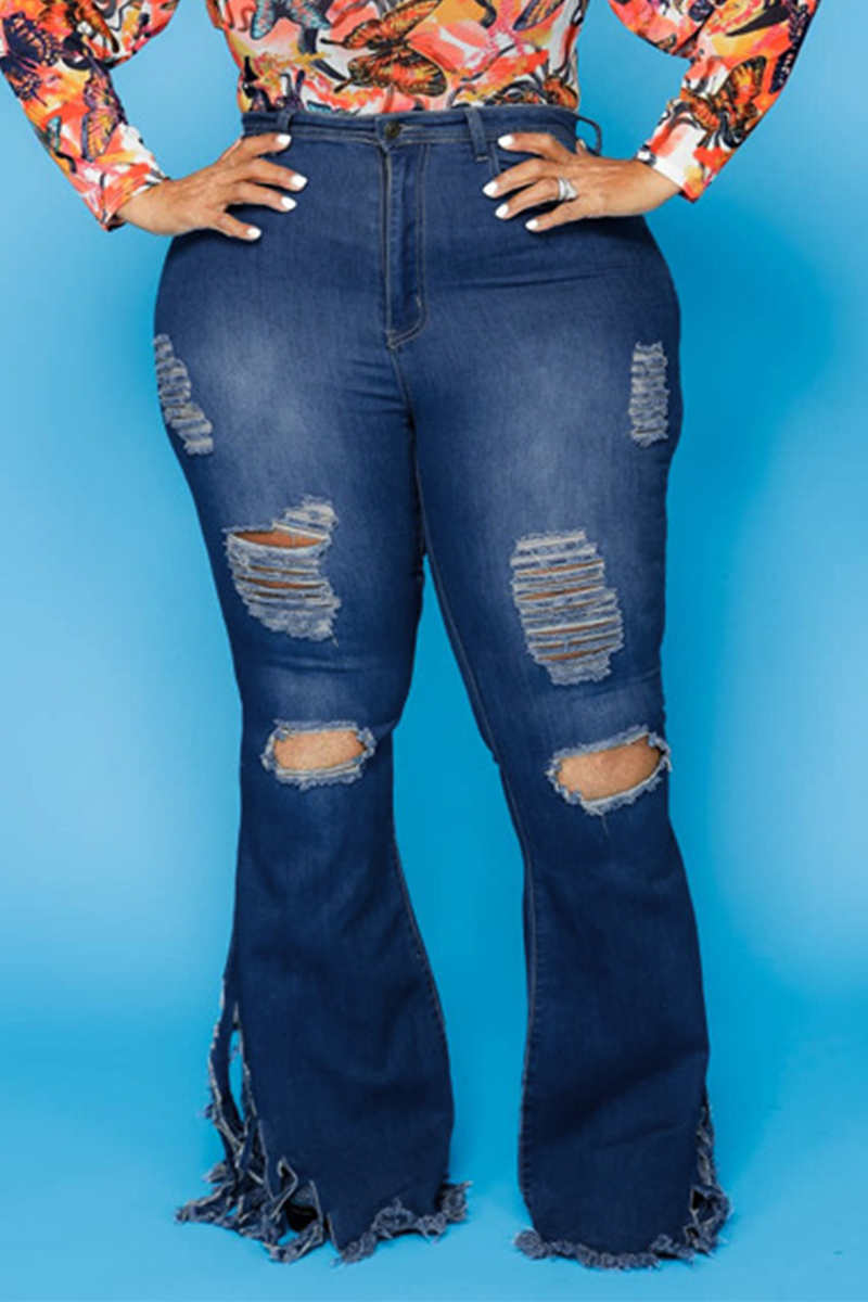 Dark Blue Sexy Solid Ripped Plus Size Jeans