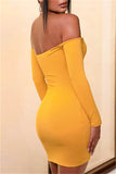 Yellow Fashion Sexy Solid Hollowed Out Backless Off the Shoulder Long Sleeve Dresses