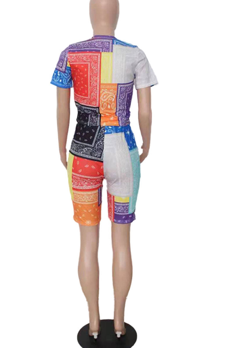 Multicolor Casual Print Split Joint O Neck Short Sleeve Two Pieces