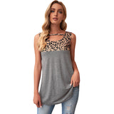 Hollow-out Leopard Solid Gray Patchwork Tank Top