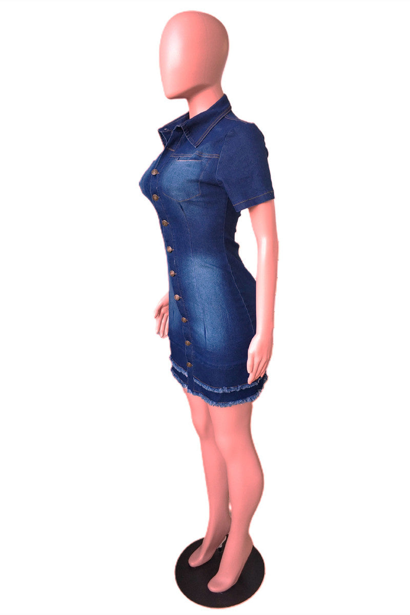 The cowboy blue Fashion Casual Solid Split Joint Turndown Collar Short Sleeve Dress