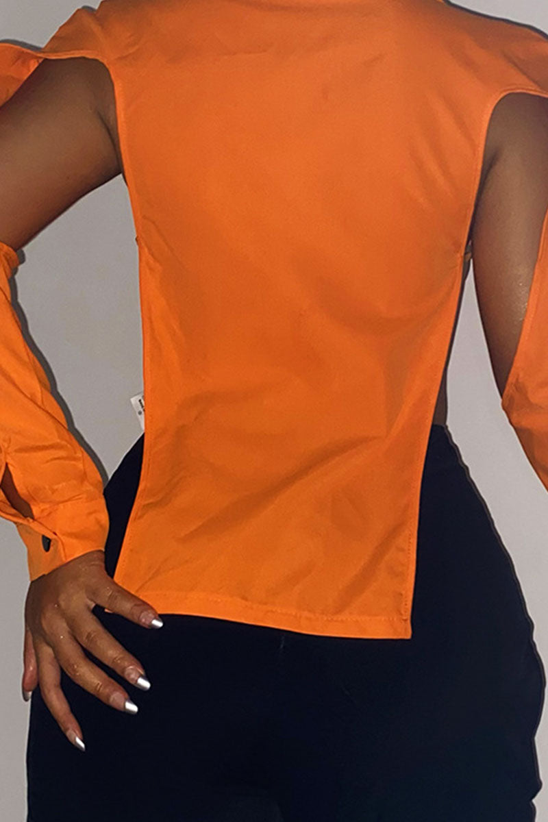 Orange Sexy Solid Hollowed Out Split Joint Slit Asymmetrical Turndown Collar Tops