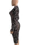 Black Sexy Print Split Joint See-through Half A Turtleneck Pencil Skirt Dresses