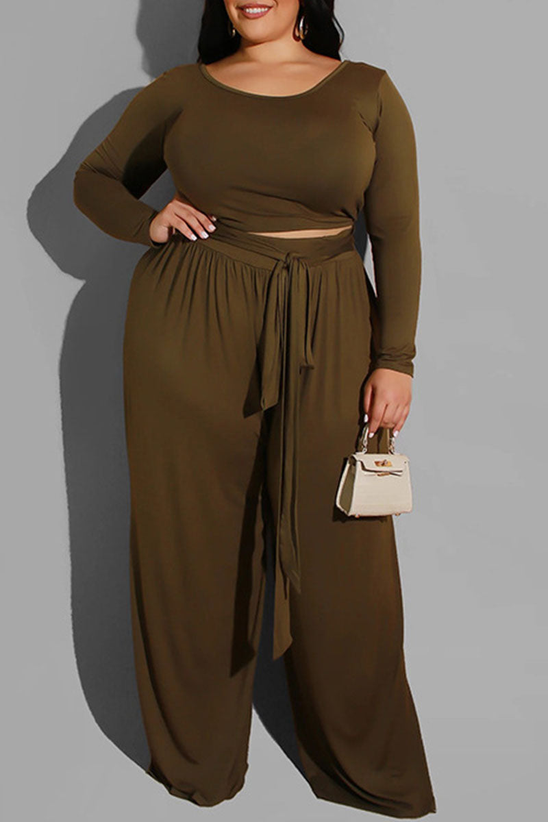 Army Green Casual Solid With Belt O Neck Plus Size Two Pieces